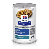 Hill's Prescription Diet Derm Complete open can showing the sensitive-skin formula.