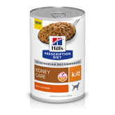 Hill's Prescription Diet k/d chicken wet dog food can showing kidney-focused nutrition for dogs