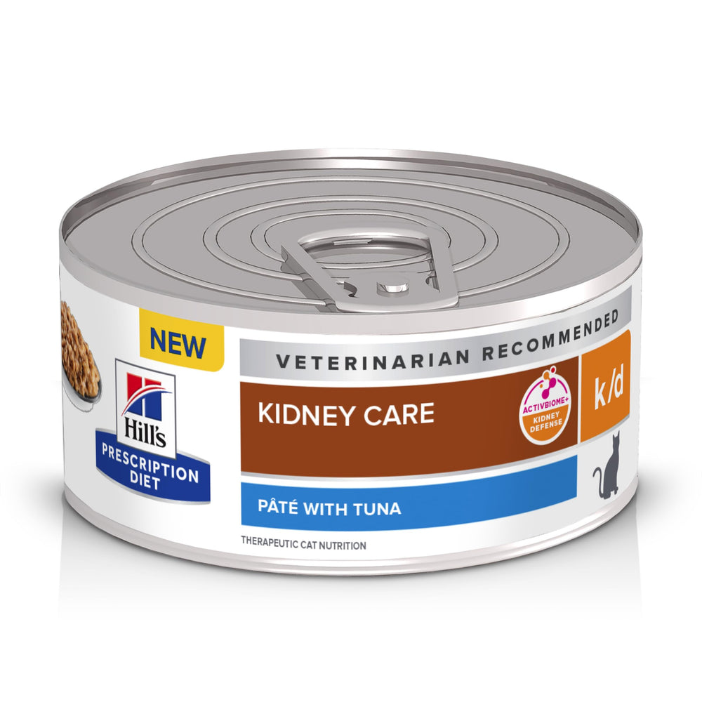 Hill's Prescription Diet k/d tuna wet cat food cans show a kidney-friendly daily meals option.