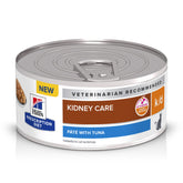 Hill's Prescription Diet k/d tuna wet cat food cans show a kidney-friendly daily meals option.