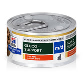 Hill's Prescription Diet m/d GlucoSupport chicken-liver-stew can shows rich texture and glucose-supporting nutrition