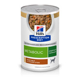 Hill's Prescription Diet Metabolic stew cans show savory chunks for weight management at mealtimes