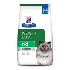 Hill's Prescription Diet r/d chicken kibble close-up supports cat weight management.