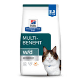 Hill's Prescription Diet w/d bag label highlights multi-benefit formula for urinary and digestive health.