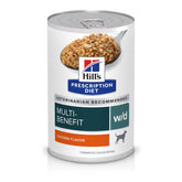 Hill's Prescription Diet w/d multi-benefit dog food cans in a 12-pack showing packaging and product identity