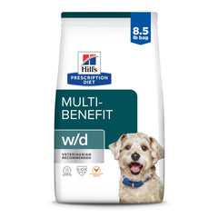 Hill's Prescription Diet w/d multi-benefit bag front shows dog food for urinary and digestive support