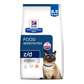 Hill's Prescription Diet z/d dry cat food bag supports sensitive skin and digestion.