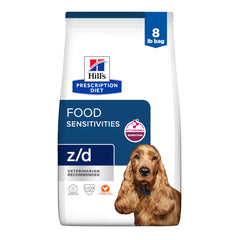 Hill's Prescription Diet z/d hydrolyzed chicken dry dog food bag supports skin comfort.