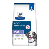 Hill's Prescription Diet z/d Low Fat bag highlights veterinary nutrition for sensitive dogs.