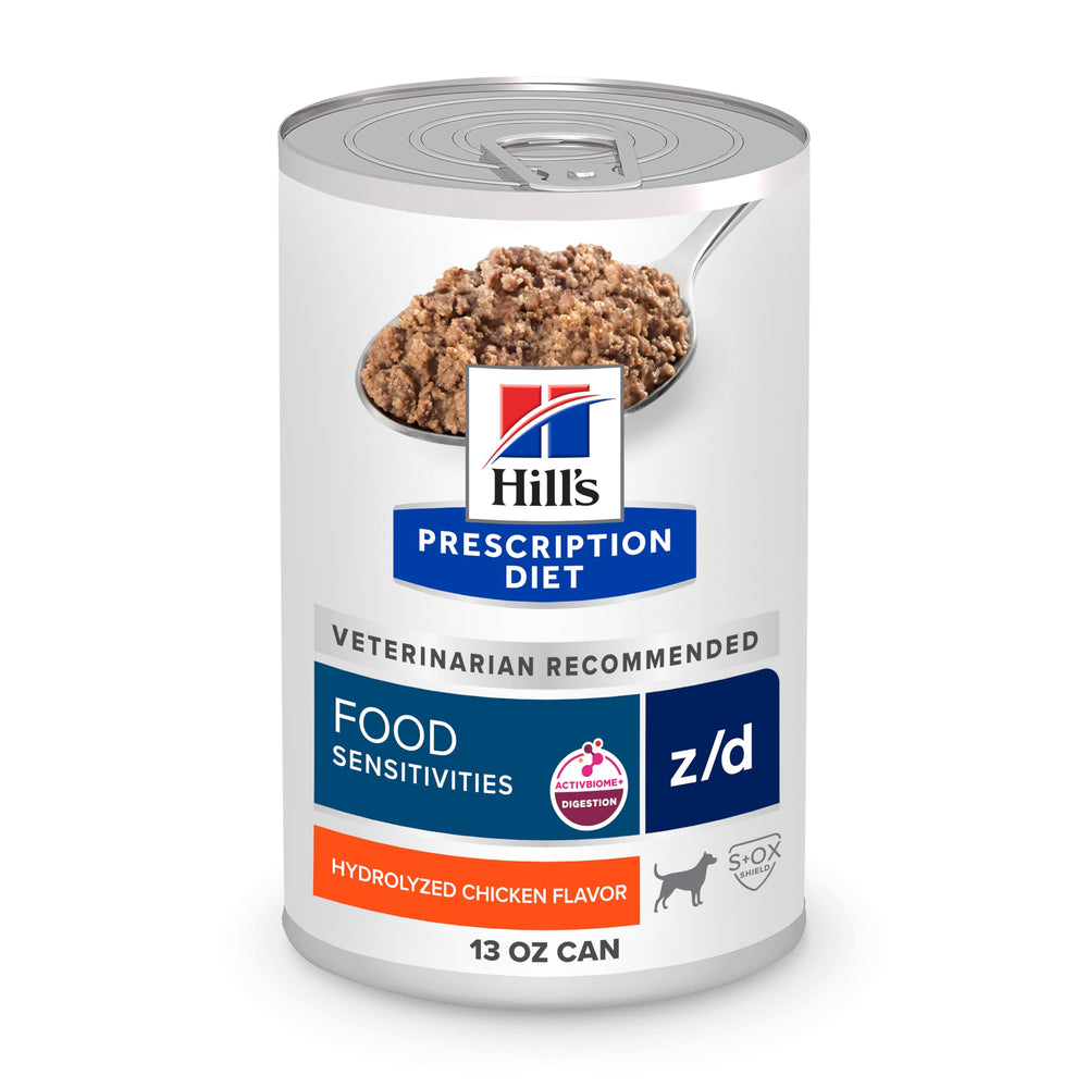 Hill's Prescription Diet z/d wet dog food can packaging showing a 13 oz serving for sensitive dogs