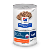 Hill's Prescription Diet z/d wet dog food can packaging showing a 13 oz serving for sensitive dogs