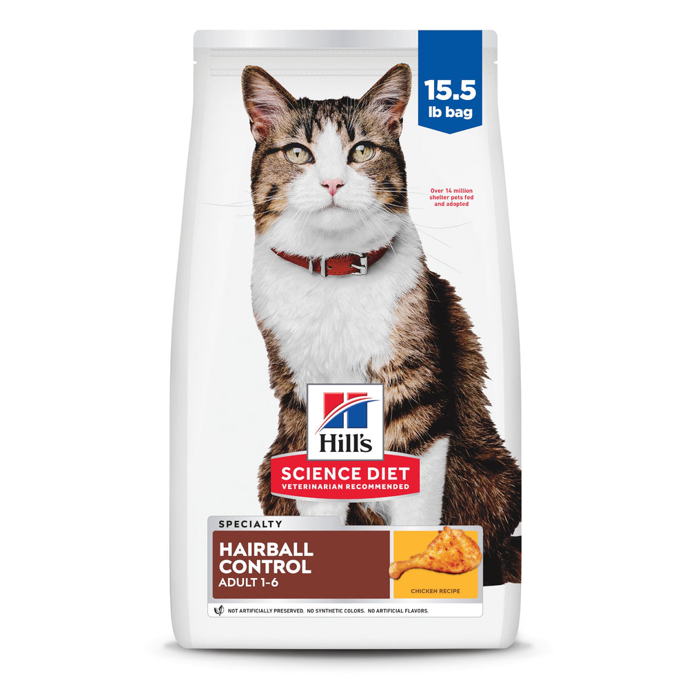 Hill's Science Diet Adult Hairball Control bag front promoting hairball management