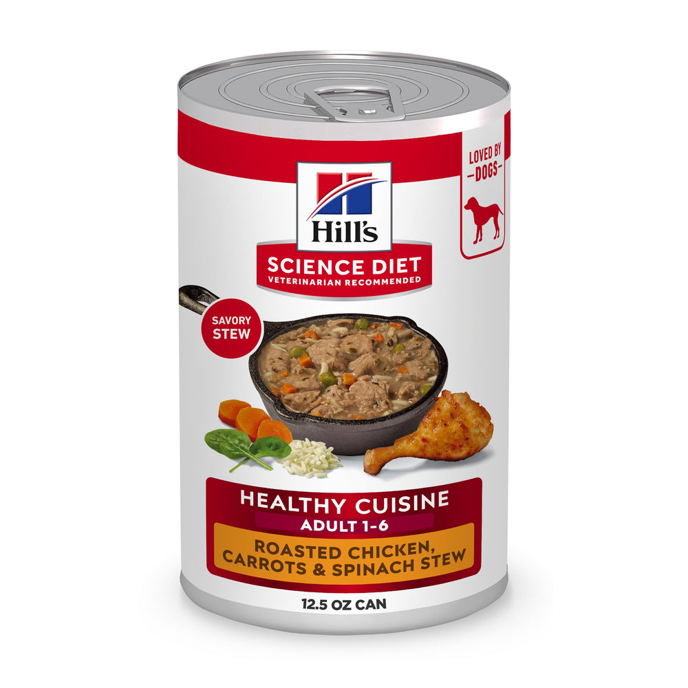 Hill's Science Diet Adult Healthy Cuisine Roasted Chicken Stew cans highlight premium protein for lean muscle support.