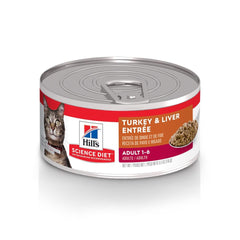 Hill's Science Diet Adult 1-6 turkey-liver entree cans for lean muscle.