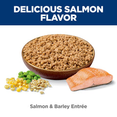 Close-up of Hill's Science Diet Salmon & Barley texture in a bowl for easy digestion.