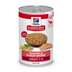 Hill's Science Diet Adult 1-6 Salmon & Barley cans in a 12-pack for adult dogs.