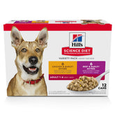 Hill's Science Diet Adult 1-6 wet dog food variety pack front packaging with two flavors for balanced meals.