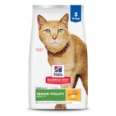 Hill's Science Diet Adult 7+ Senior Vitality dry cat food bag with chicken and rice for aging cats.