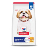 Hill's Science Diet Adult 7+ Small Bites bag featuring chicken kibble for mature dogs' energy.