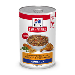Hill's Science Diet Adult 7+ Savory Stew can front view with real chicken and vegetables for seniors.