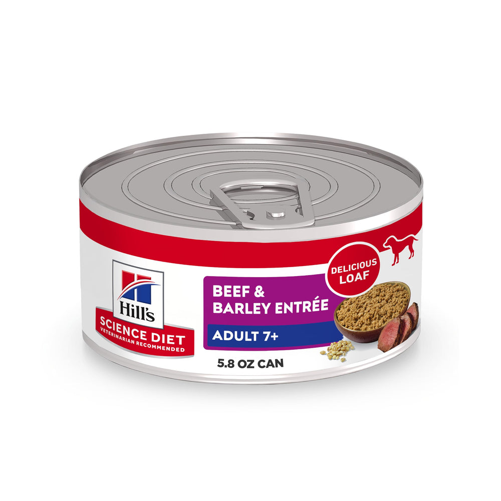 Hill's Science Diet Adult 7+ beef and barley wet food can supports lean muscle in seniors.