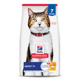 Hill's Science Diet Adult 7+ dry cat food with chicken in 7 lb bag, protein for aging cats.