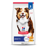 Hill's Science Diet Adult 7+ dry dog food bag promoting aging-friendly nutrition.