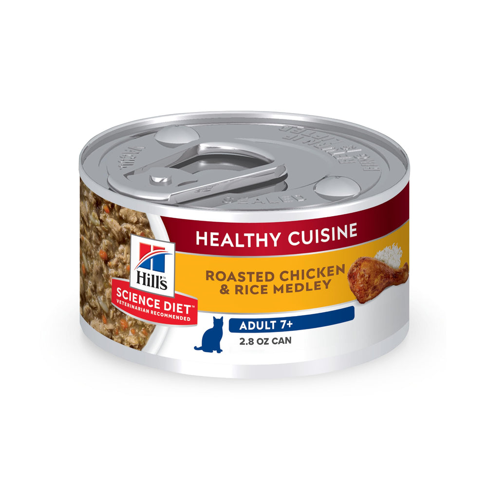 Hill's Science Diet Adult 7+ Healthy Cuisine roasted chicken and rice cans showcase senior nutrition.