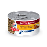 Hill's Science Diet Adult 7+ Healthy Cuisine roasted chicken and rice cans showcase senior nutrition.