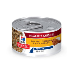 Hill's Science Diet Adult 7+ Healthy Cuisine roasted chicken and rice cans showcase senior nutrition.