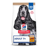 Hill's Science Diet Adult 7+ dry dog food bag shows senior formula for energy.