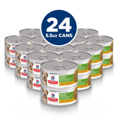 Hill's Science Diet Senior Vitality wet food close-up features chicken and vegetables for easy digestion