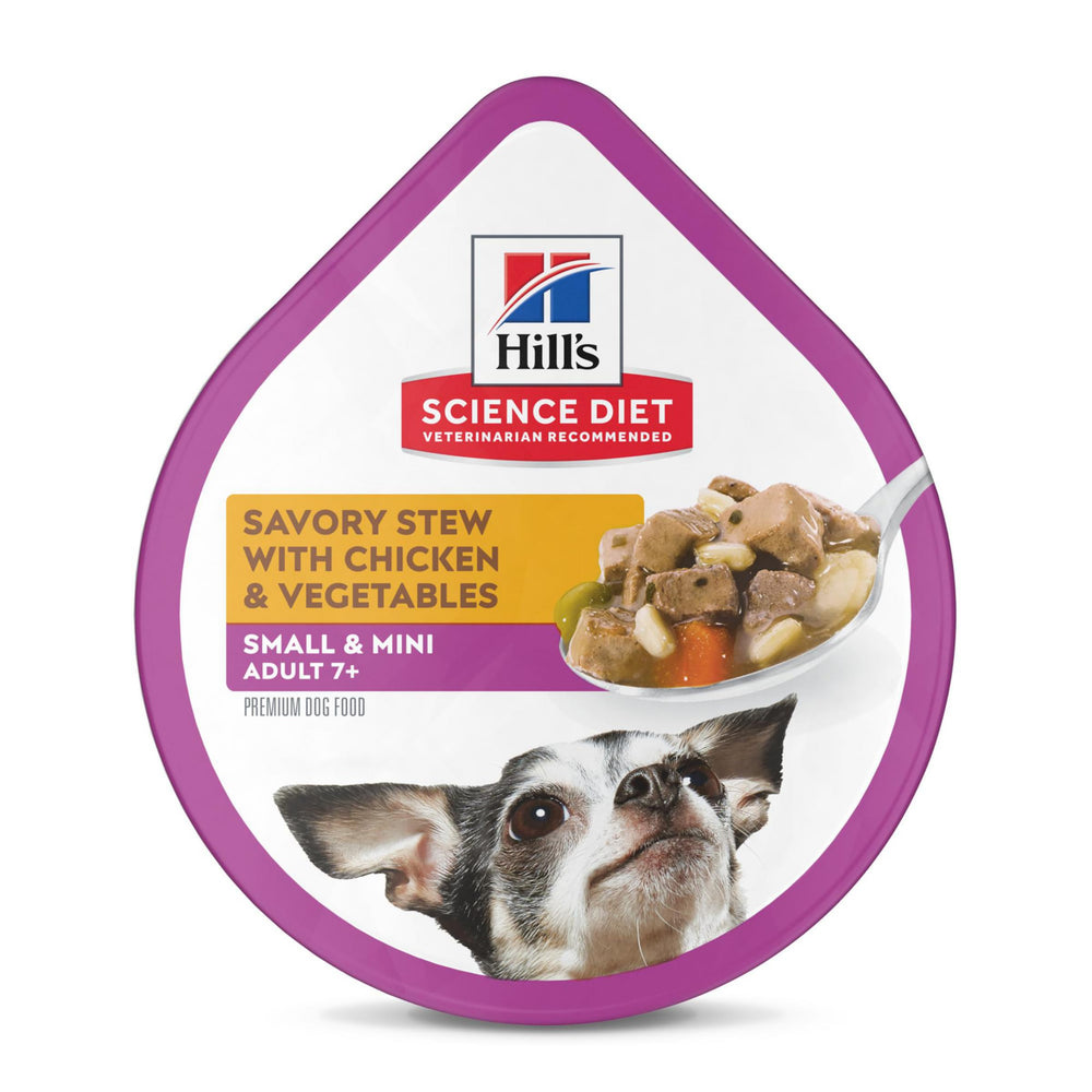 Hill's Science Diet Adult 7+ wet dog food with chicken and vegetables, ideal for small and mini dogs.