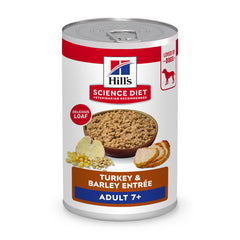 Hill's Science Diet Adult 7+ Turkey & Barley entree can closeup shows real turkey for lean muscle