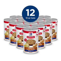 Hill's Science Diet Adult 7+ turkey-barley wet food can pour view for easy serving