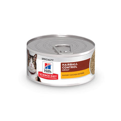 Hill's Science Diet hairball-control wet cat food chicken can closeup supports hair movement through digestion