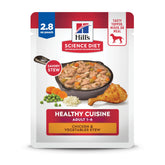 Hill's Science Diet Adult Healthy Cuisine chicken stew pouch front shows real chicken chunks for lean protein.