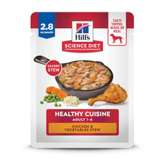 Hill's Science Diet Adult Healthy Cuisine chicken stew pouch front shows real chicken chunks for lean protein.