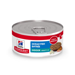 Hill's Science Diet Indoor Ocean Fish Entree can showing premium protein for lean muscle