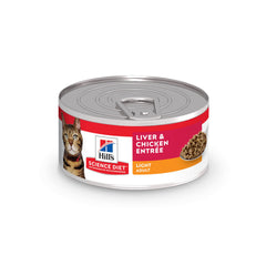 Hill's Science Diet Adult Light liver-chicken wet cat food can, portion ready for weight control.