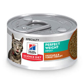 Hill's Science Diet Adult Perfect Weight turkey and vegetable cat food can for weight management.