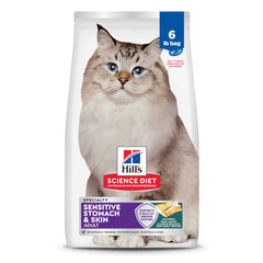 Hill's Science Diet bag shows pollock-based formula for sensitive stomachs and skin support.