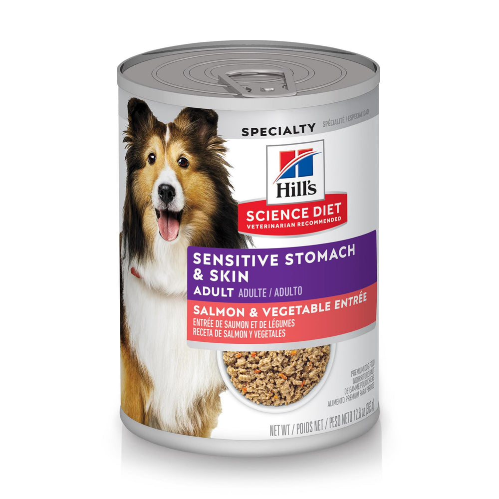 Hill's Science Diet wet dog food with salmon and vegetables for sensitive stomachs.
