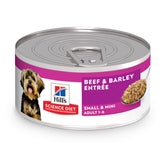Hill's Science Diet Beef & Barley entrée can with lean protein for small dogs.