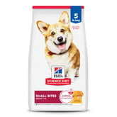 Hill's Science Diet Adult Small Bites bag showing chicken and barley formula for balanced nutrition.
