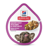 Hill's Science Diet adult small-breed wet food in a beef and vegetables tray.