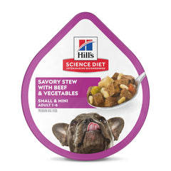 Hill's Science Diet adult small-breed wet food in a beef and vegetables tray.