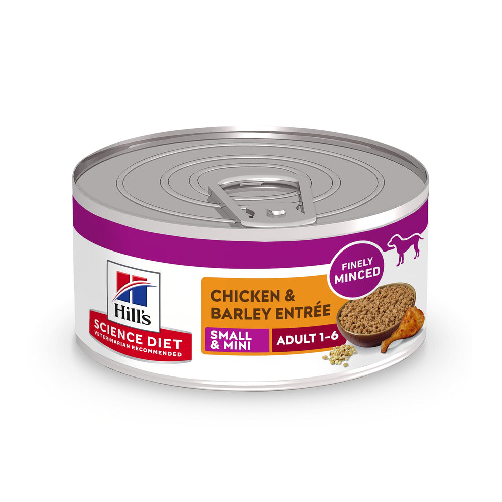 Hill's Science Diet Adult Small & Mini wet dog food can showing chicken and barley for lean muscle