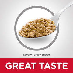 Hill's Science Diet Adult Turkey wet cat food serving bowl shows finely minced texture for flavor and balance