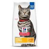Hill's Science Diet Adult Urinary & Hairball Control cat food bag highlights chicken recipe.